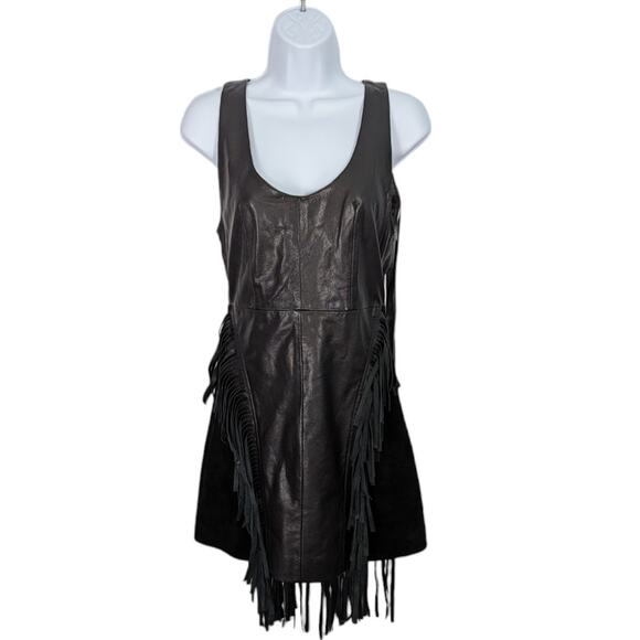 Nasty Gal Black Leather Suede Sleeveless Mini Dress Long Fringe Mesh Back Small - Picture 2 of 14